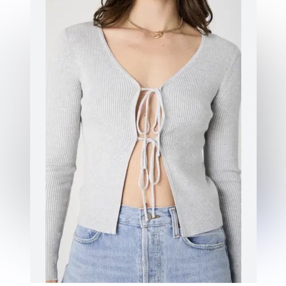 Nikka K Tie Front Ribbed Eyelet Cardigan Light Gray XS